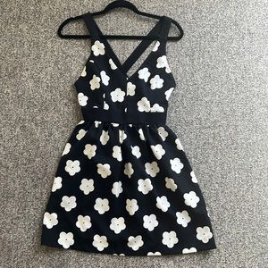 Lulus black beige floral fit and flare dress, cross back, zipper, v neck size S